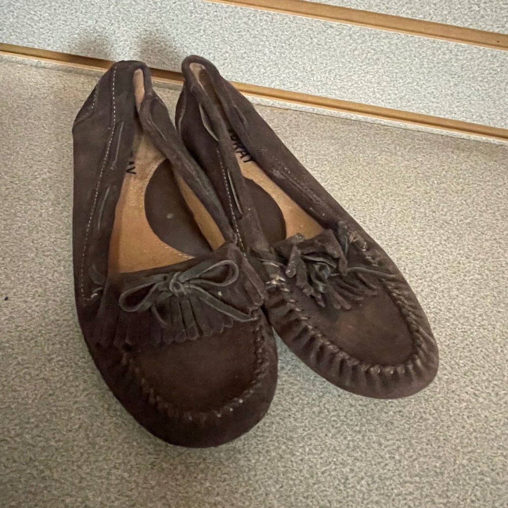 Array Womens Brown Suede Moccasin‎ Flats Kiltie Fringe Bow Shoes Size 7M 5025